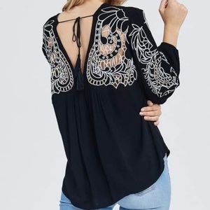 Embroidered V-Neck Top with Tie Tassles